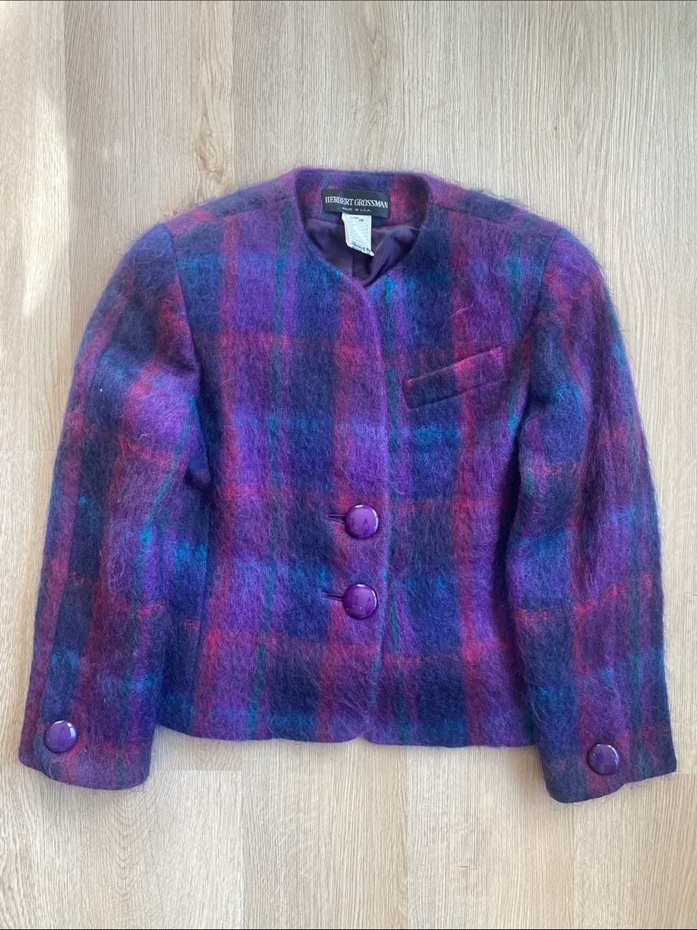 Herbert Grossman Vintage Mohair Blend Plaid Cropped Jacket Purple Size 10 USA